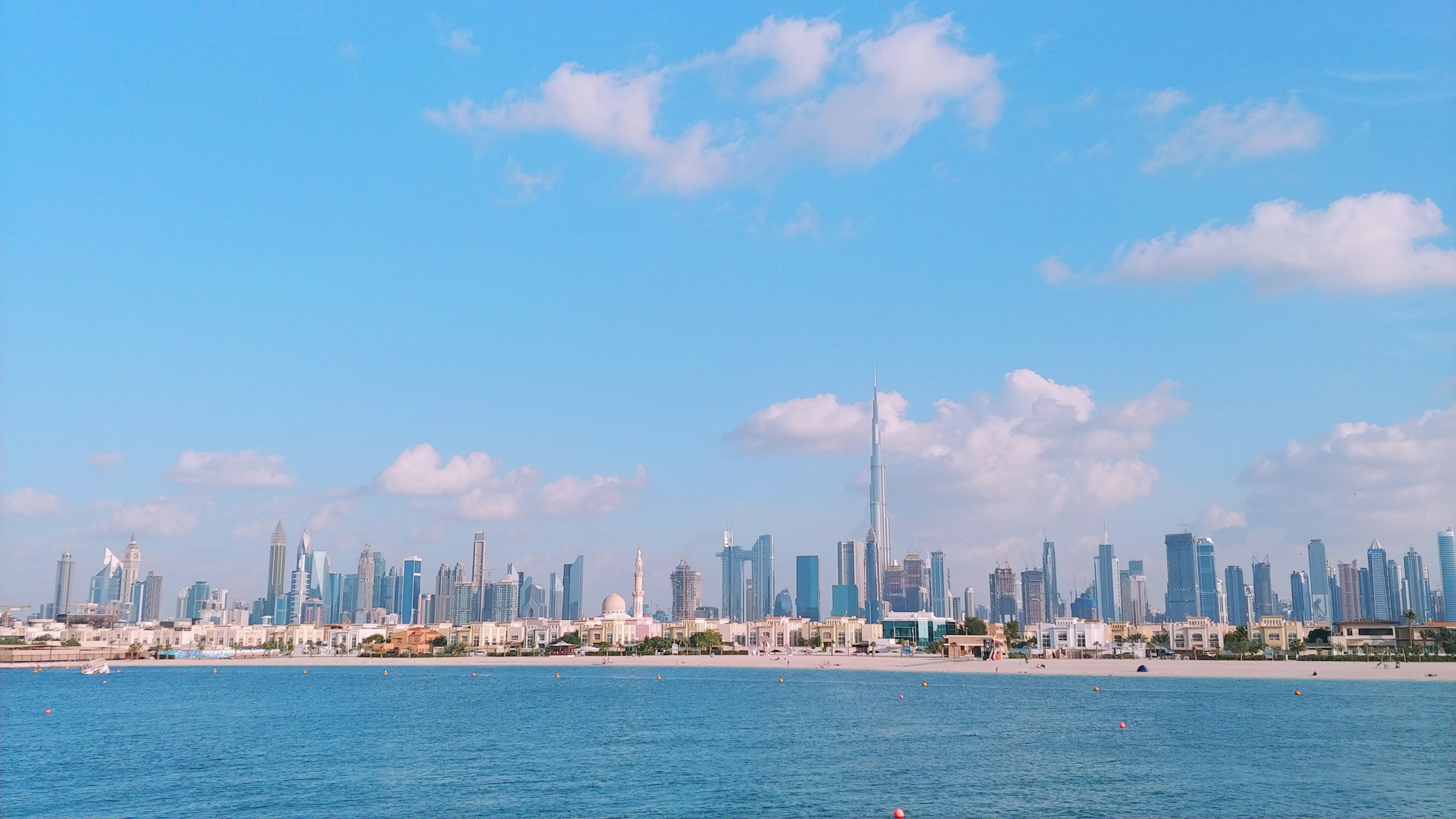 Dubai’s skyline and the Burj Khalifa seen from the coast